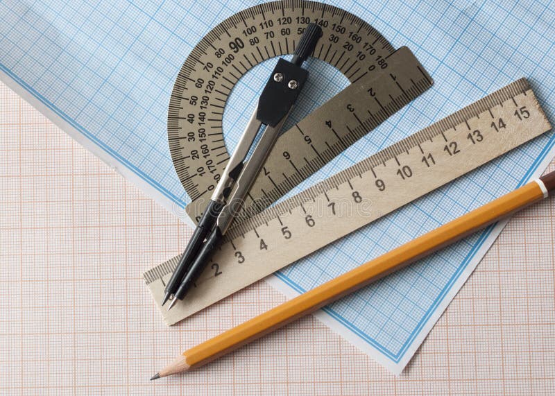 Geometry Set with Compass,pencil,ruler on Graph Paper Stock Photo