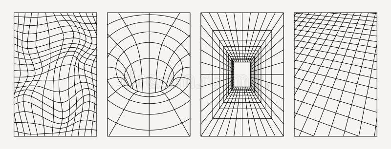 Geometry wireframe grid backgrounds in neon pink color. 3D abstract cyberpunk posters, patterns. vector illustration