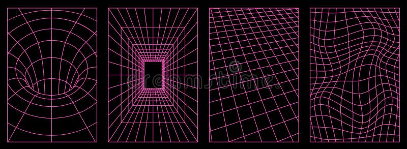 Geometry wireframe grid backgrounds in neon pink color. 3D abstract cyberpunk posters, patterns. stock illustration
