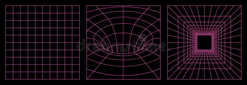 Geometry wireframe grid backgrounds in neon pink color. 3D abstract cyberpunk posters, patterns. stock illustration