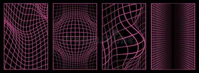 Geometry wireframe grid backgrounds in neon pink color. 3D abstract posters, patterns, cyberpunk elements in trendy royalty free illustration