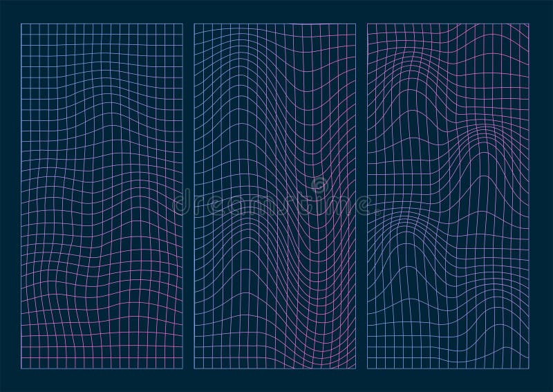 Geometry wireframe thin line grid backgrounds set in neon pink and blue colors. 3D abstract posters, patterns, cyberpunk vector illustration