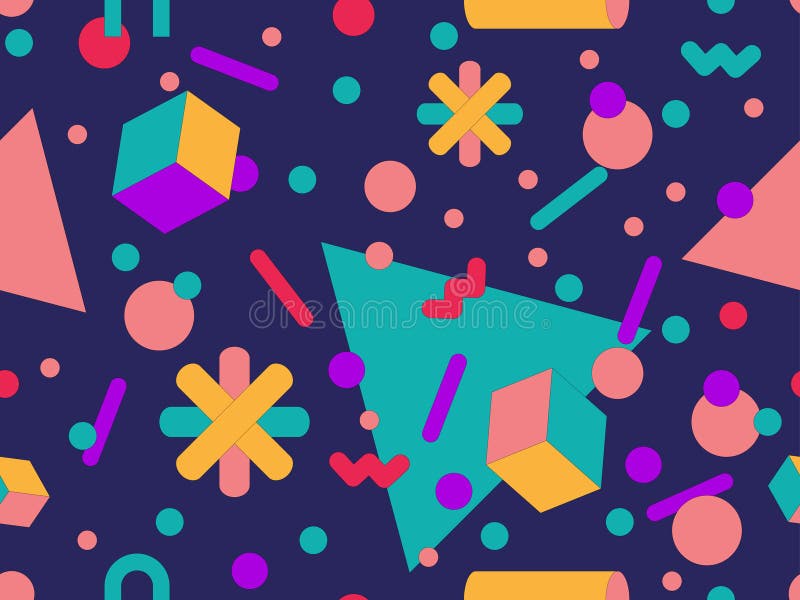 Geometryczny wzór bez szwu memphis o kształtach 3d w stylu 80 i 90s. geometryczne kształty 3d izometryczne. kolorowy geometryczny. kolorowy wzór tła geometrycznego do okładek i tapet. ilustracja wektorowa.