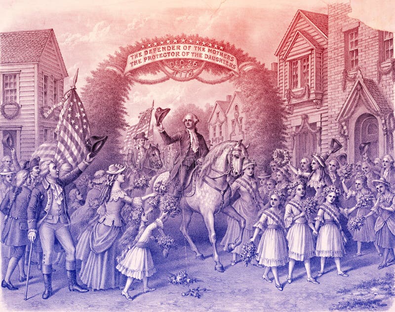 George Washington entering Trenton, engraved illustration in line art