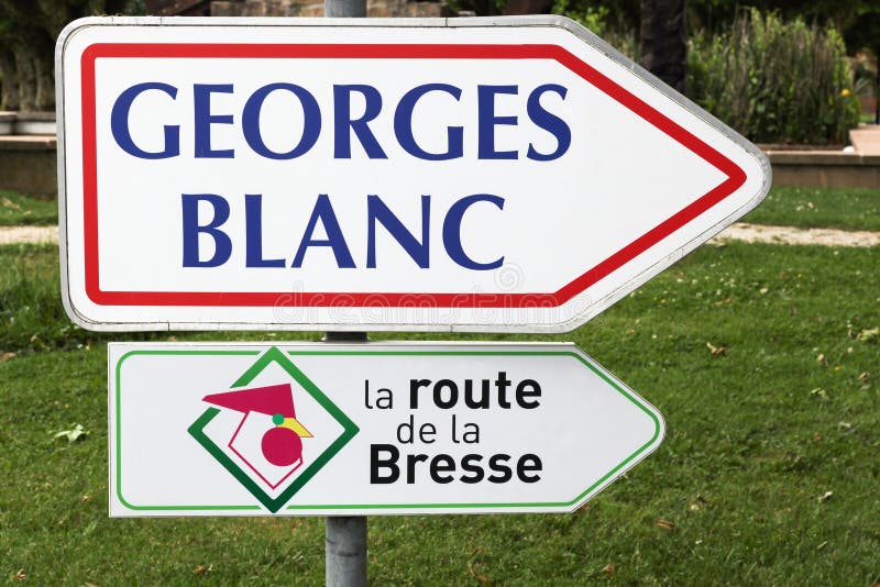 Georges Blanc restaurant direction in Vonnas, France and road of Bresse