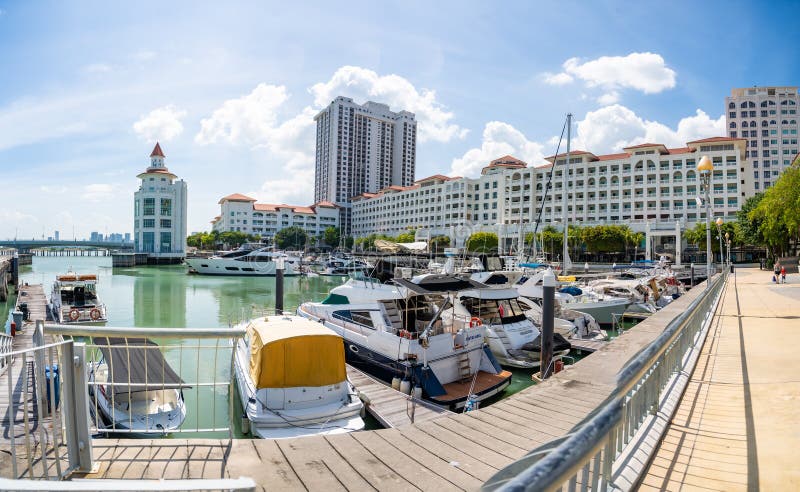 Georgetown, Malaysia - December 18, 2023: Private boat and yacht parking at Strait Quay, Penang. Residential, shopping mall, recreation area and marina located in Tanjung Tokong. High quality photo. Georgetown, Malaysia - December 18, 2023: Private boat and yacht parking at Strait Quay, Penang. Residential, shopping mall, recreation area and marina located in Tanjung Tokong. High quality photo