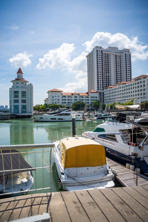 Georgetown, Malaysia - December 18, 2023: Private boat and yacht parking at Strait Quay, Penang. Residential, shopping mall, recreation area and marina located in Tanjung Tokong. High quality photo. Georgetown, Malaysia - December 18, 2023: Private boat and yacht parking at Strait Quay, Penang. Residential, shopping mall, recreation area and marina located in Tanjung Tokong. High quality photo