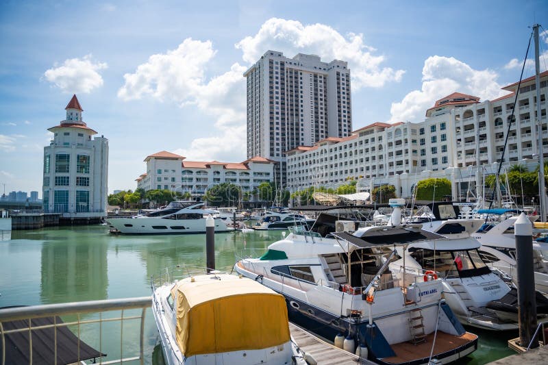 Georgetown, Malaysia - December 18, 2023: Private boat and yacht parking at Strait Quay, Penang. Residential, shopping mall, recreation area and marina located in Tanjung Tokong. High quality photo. Georgetown, Malaysia - December 18, 2023: Private boat and yacht parking at Strait Quay, Penang. Residential, shopping mall, recreation area and marina located in Tanjung Tokong. High quality photo