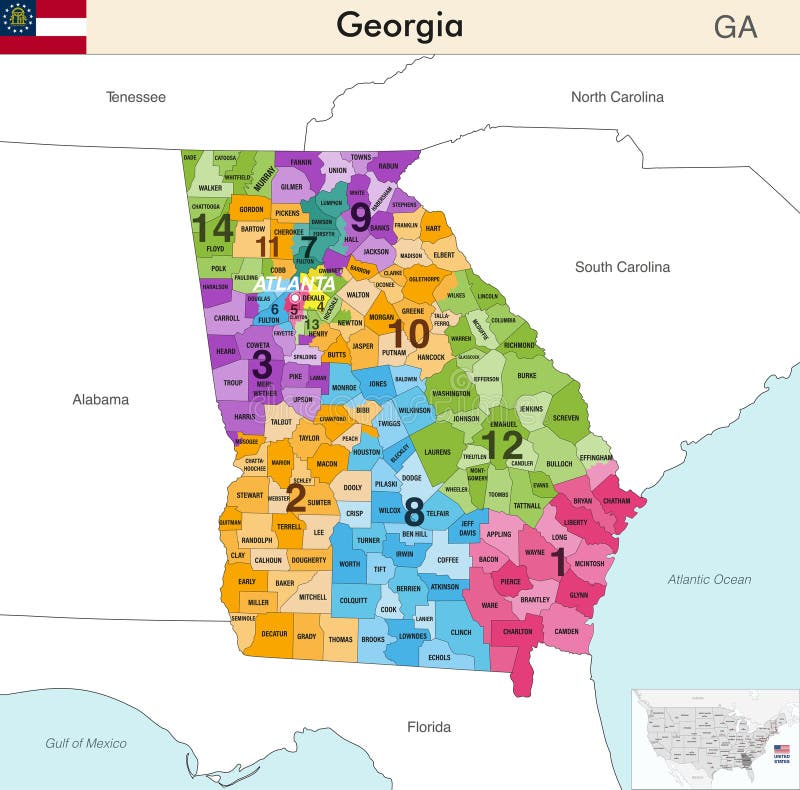 Georgia State Map With Counties Borders And Colored Congressional Georgia State Map Counties Borders Colored Congressional Districts Boundaries Due To United States Census Which 328186777