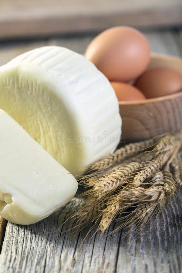 Cheese, Eggs and Corn. Stock Photo Image of still, white
