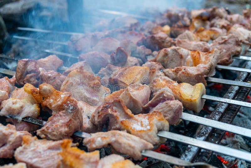 Georgian Mtsvadi, Shashlik Preparation. Smoking Shashlik on the Grill ...