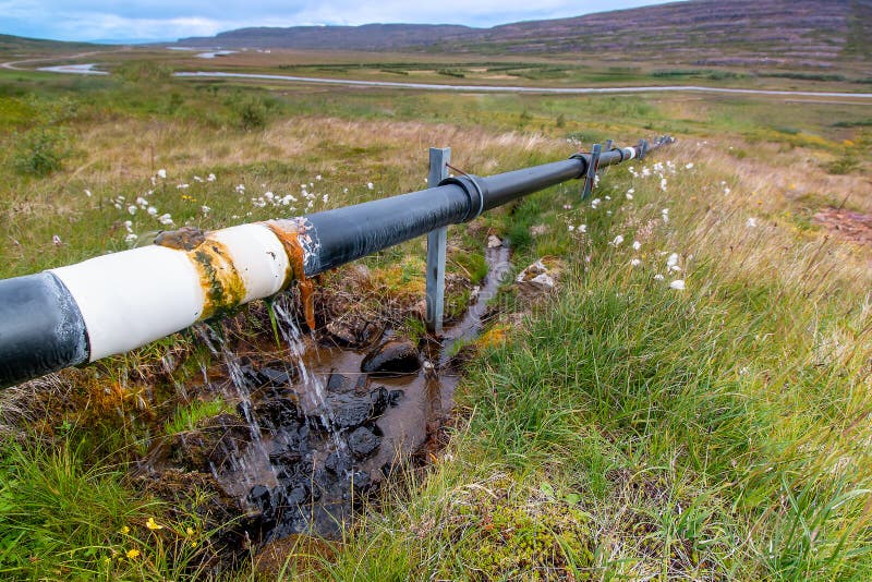 Geothermal Hot Water Pipe in Iceland Hot Water Comes from a Ground