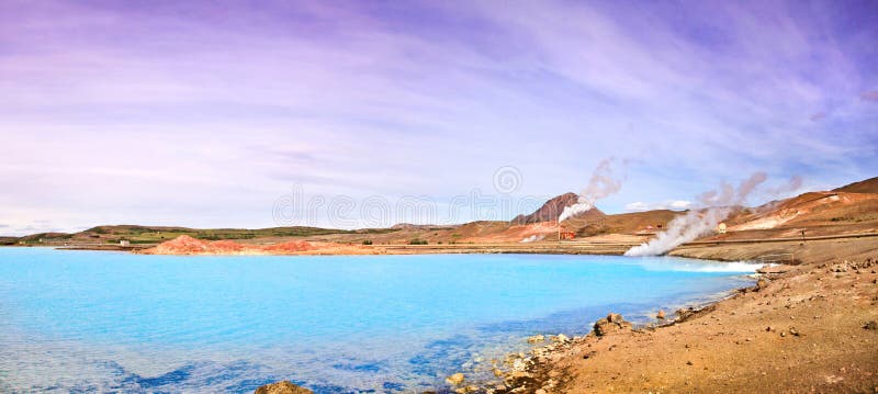 Geothermal landscape with beautiful azure blue crater lake, Myvatn area, Iceland