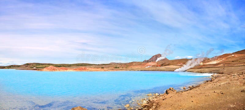 Geothermal landscape with beautiful azure blue crater lake, Myvatn area, Iceland