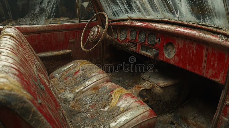 Gepflegtes Fahrzeug im Inneren. Rotes Glattleder. Dusty Dashboard. Altes Auto. Generative AI