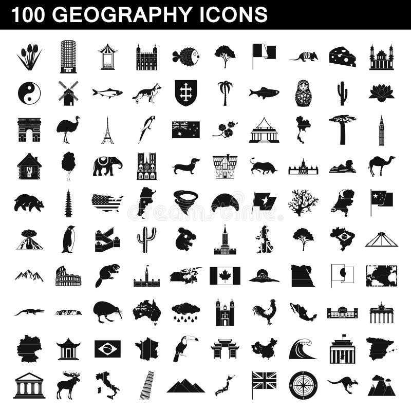 100 geplaatste aardrijkskundepictogrammen, eenvoudige stijl