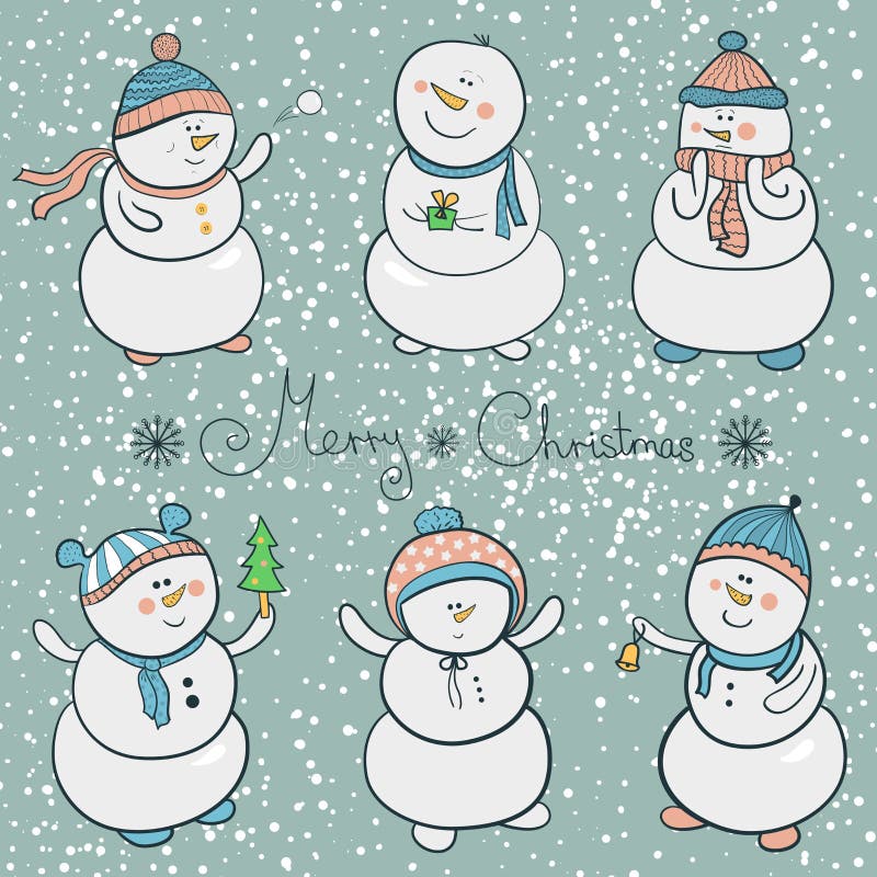 Geplaatste beeldverhaalsneeuwmannen, Kerstmisillustratie stock illustratie Geplaatste beeldverhaalsneeuwmannen, Kerstmisillustratie stock illustratie
