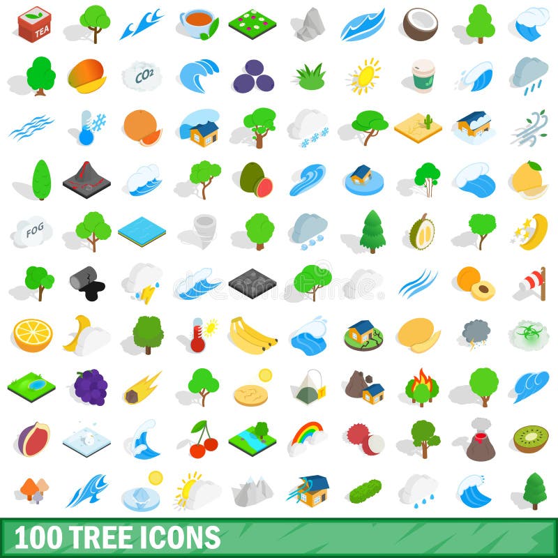 100 geplaatste boompictogrammen, isometrische 3d stijl vector illustratie 100 geplaatste boompictogrammen, isometrische 3d stijl vector illustratie