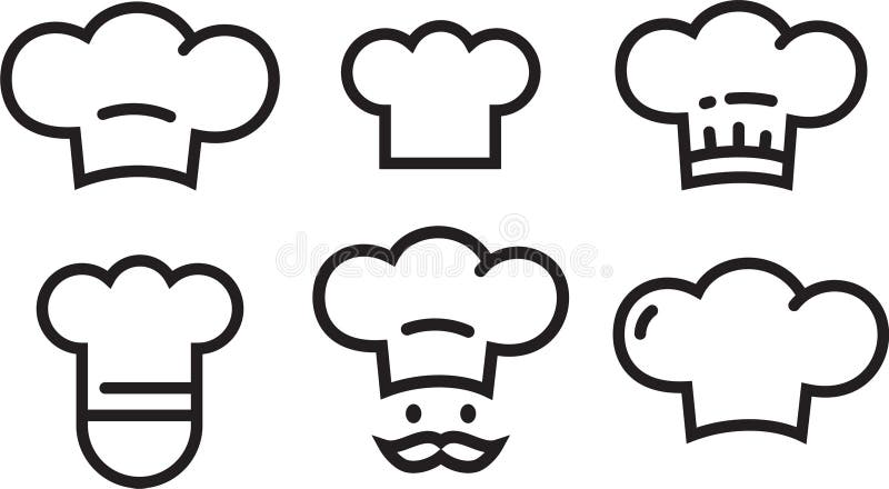 Geplaatste chef-kokpictogrammen, de hoedensymbolen van de chef-kok De vector geïsoleerde pictogrammen van het lineartoverzicht va stock illustratie Geplaatste chef-kokpictogrammen, de hoedensymbolen van de chef-kok De vector geïsoleerde pictogrammen van het lineartoverzicht va stock illustratie