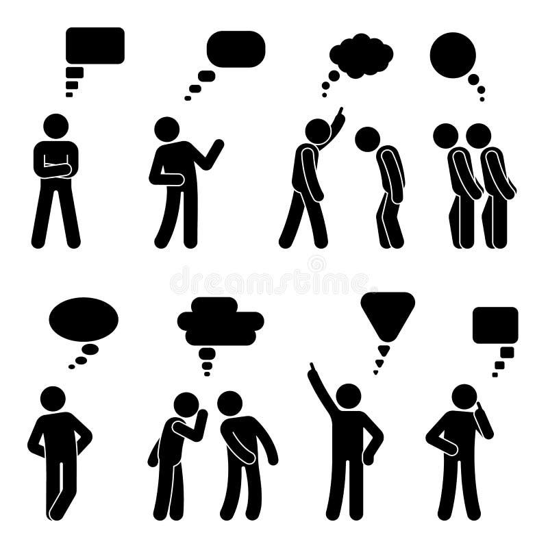 Geplaatste de bellen van de de dialoogtoespraak van het stokcijfer Het spreken, het denken, het fluisterende pictogram van het he royalty-vrije illustratie Geplaatste de bellen van de de dialoogtoespraak van het stokcijfer Het spreken, het denken, het fluisterende pictogram van het he royalty-vrije illustratie