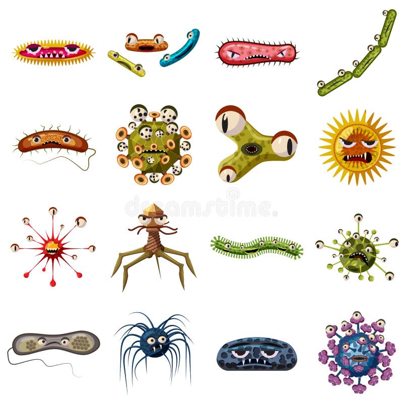 Geplaatste de gezichtenpictogrammen van virusbacteriën, beeldverhaalstijl vector illustratie Geplaatste de gezichtenpictogrammen van virusbacteriën, beeldverhaalstijl vector illustratie