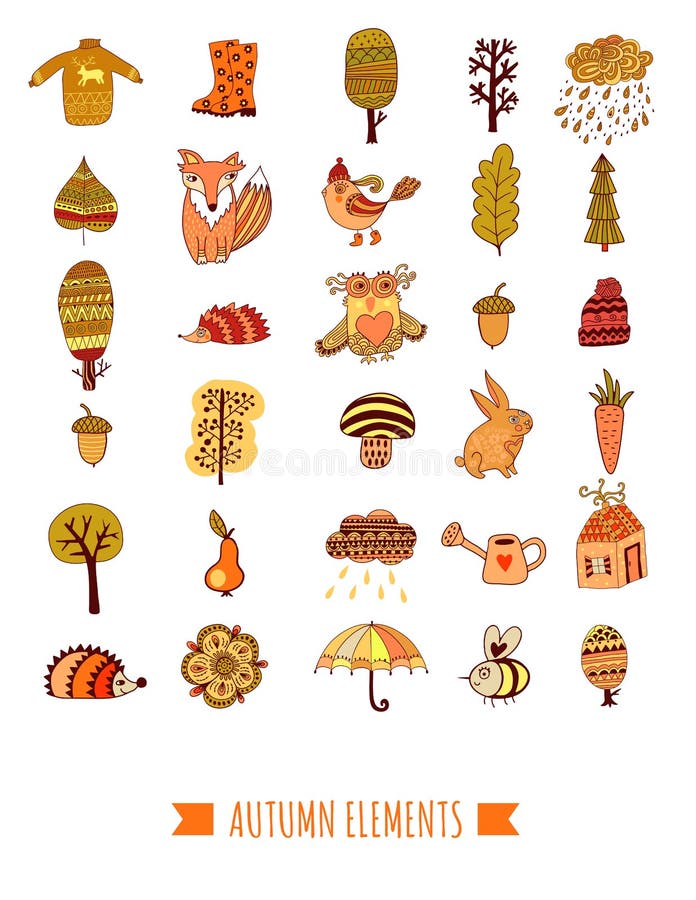 Geplaatste de herfstkrabbels, vectorbomen, blad, paraplu en dieren stock illustratie Geplaatste de herfstkrabbels, vectorbomen, blad, paraplu en dieren stock illustratie