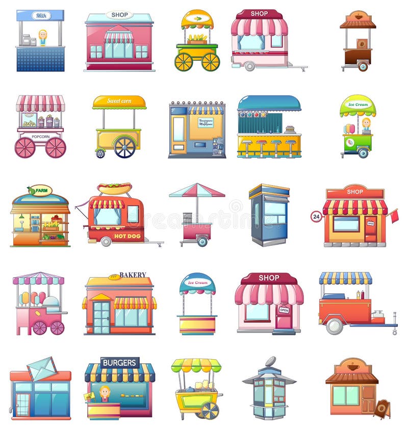 Geplaatste de kioskpictogrammen van het straatvoedsel, beeldverhaalstijl vector illustratie Geplaatste de kioskpictogrammen van het straatvoedsel, beeldverhaalstijl vector illustratie