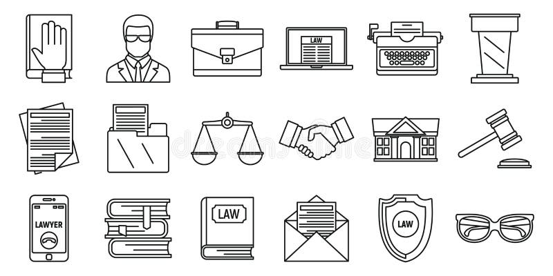 Geplaatste de pictogrammen van de advocaatrechtvaardigheid, schetsen stijl vector illustratie Geplaatste de pictogrammen van de advocaatrechtvaardigheid, schetsen stijl vector illustratie
