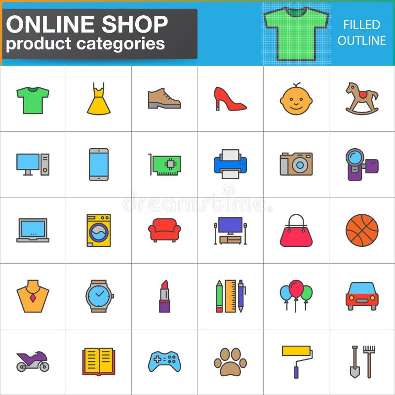 Geplaatste de pictogrammen van de de categorieënlijn van het winkelproduct, de gevulde inzameling van het overzichts vectorsymboo stock illustratie Geplaatste de pictogrammen van de de categorieënlijn van het winkelproduct, de gevulde inzameling van het overzichts vectorsymboo stock illustratie