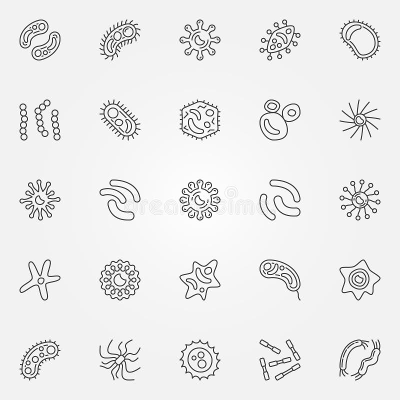 Geplaatste de pictogrammen van het bacteriënoverzicht Microbe en virusoverzichtssymbolen royalty-vrije illustratie Geplaatste de pictogrammen van het bacteriënoverzicht Microbe en virusoverzichtssymbolen royalty-vrije illustratie
