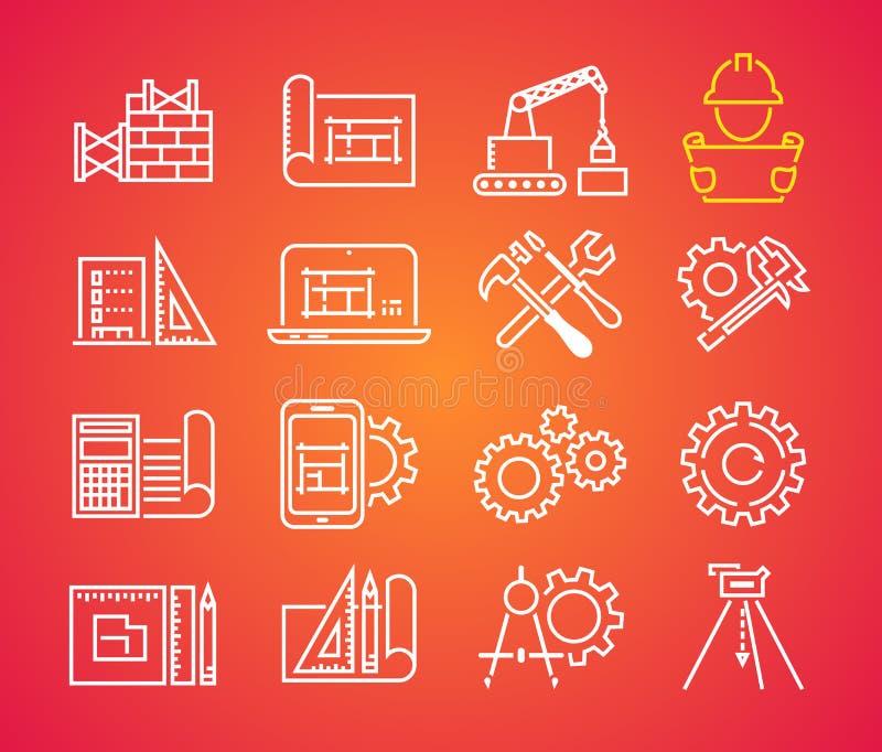 Geplaatste de pictogrammen van het overzichtsweb - de bouw, bouw en huisreparatiehulpmiddelen Het pictogram van de technieklijn vector illustratie Geplaatste de pictogrammen van het overzichtsweb - de bouw, bouw en huisreparatiehulpmiddelen Het pictogram van de technieklijn vector illustratie