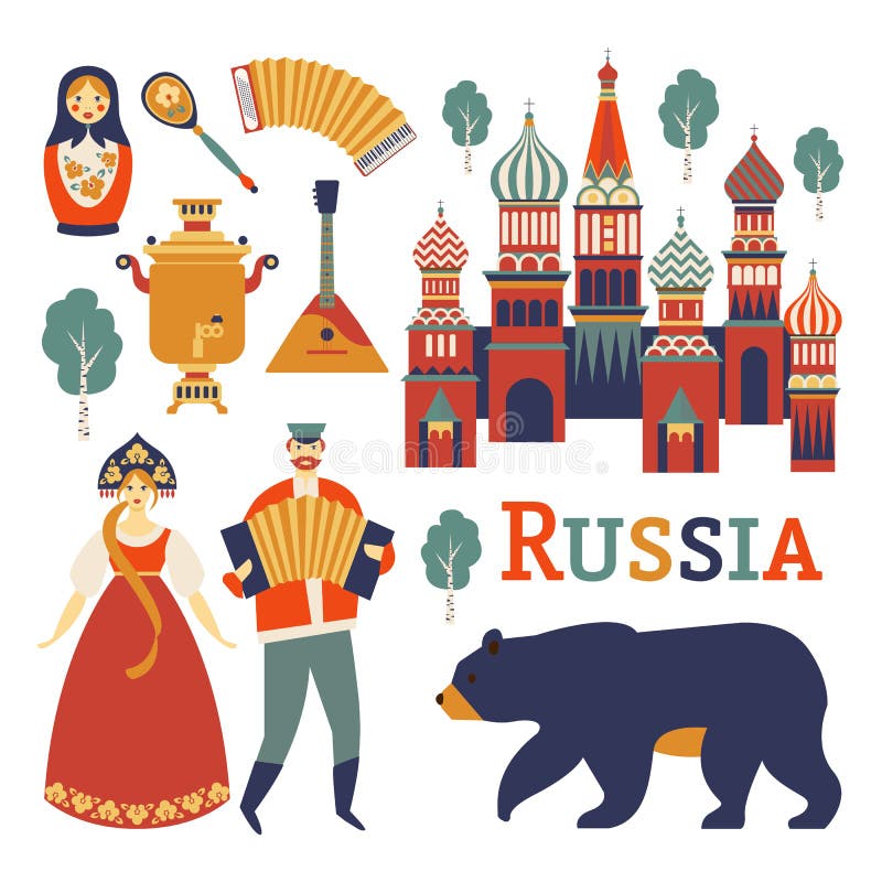 Geplaatste de Pictogrammen van Rusland Vectorinzameling van Russische cultuur en aardbeelden, met inbegrip van St Basilicums Kath vector illustratie Geplaatste de Pictogrammen van Rusland Vectorinzameling van Russische cultuur en aardbeelden, met inbegrip van St Basilicums Kath vector illustratie