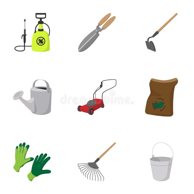 Geplaatste de pictogrammen van tuinpunten, beeldverhaalstijl stock illustratie Geplaatste de pictogrammen van tuinpunten, beeldverhaalstijl stock illustratie