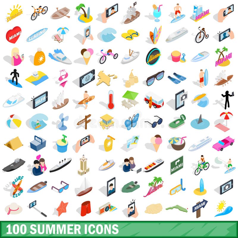 100 geplaatste de zomerpictogrammen, isometrische 3d stijl stock illustratie 100 geplaatste de zomerpictogrammen, isometrische 3d stijl stock illustratie