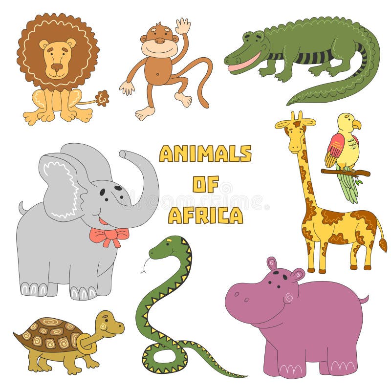 Geplaatste dieren Afrikaanse dierlijke inzameling met krokodil, schildpad, slang, leeuw, Hippo, olifant, aap, papegaai, giraf royalty-vrije illustratie Geplaatste dieren Afrikaanse dierlijke inzameling met krokodil, schildpad, slang, leeuw, Hippo, olifant, aap, papegaai, giraf royalty-vrije illustratie