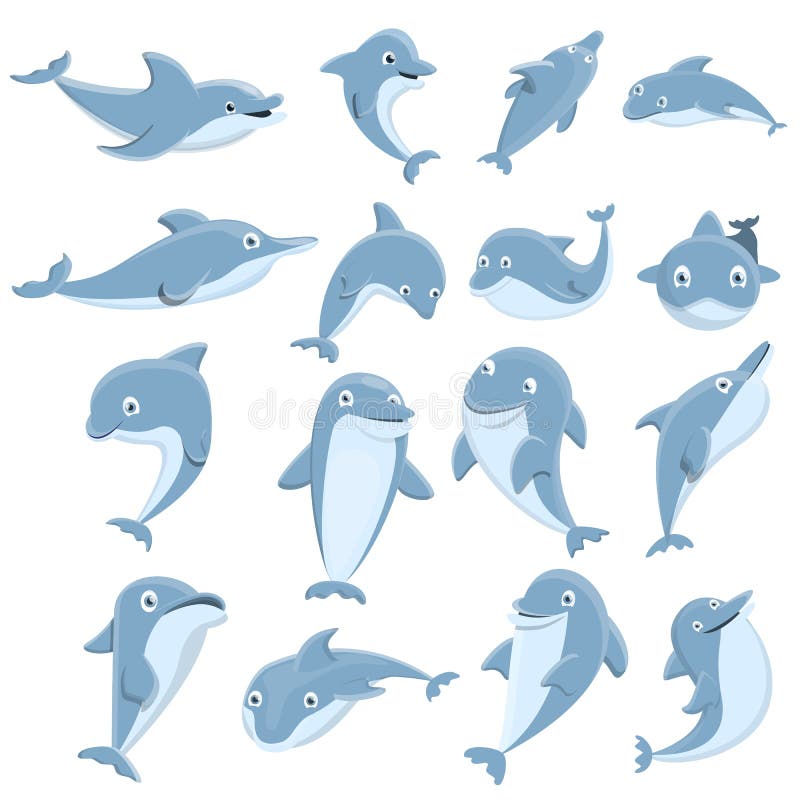 Geplaatste dolfijnpictogrammen, beeldverhaalstijl stock illustratie Geplaatste dolfijnpictogrammen, beeldverhaalstijl stock illustratie