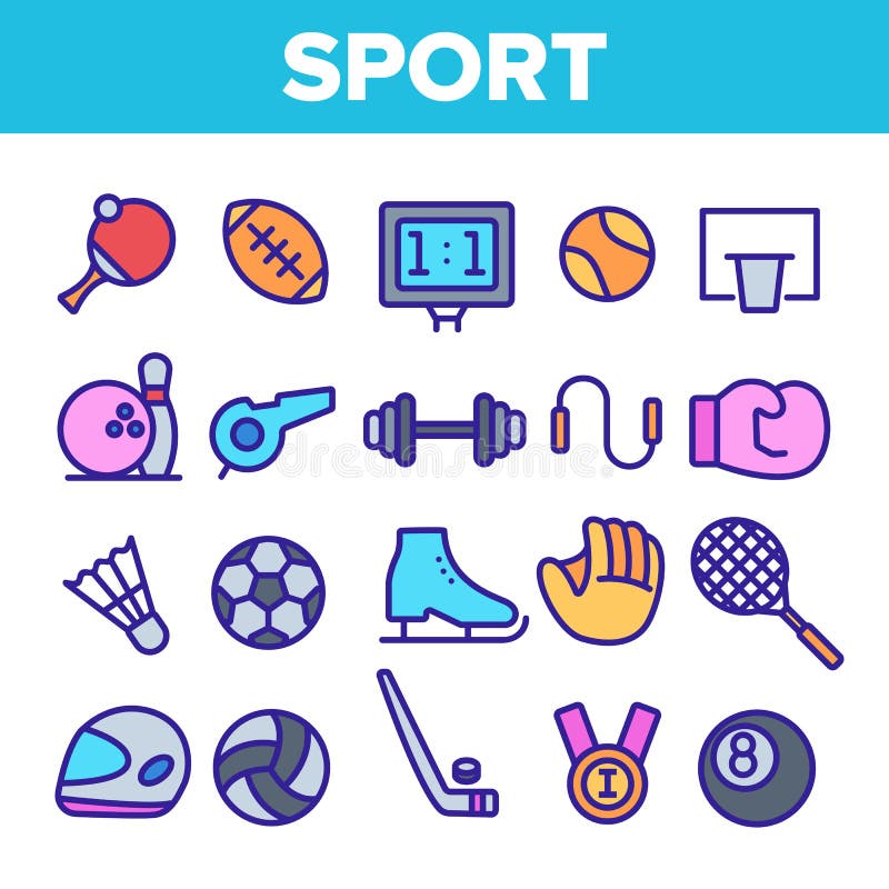 Geplaatste het Materiaal Lineaire Vectorpictogrammen van sportenspelen vector illustratie Geplaatste het Materiaal Lineaire Vectorpictogrammen van sportenspelen vector illustratie