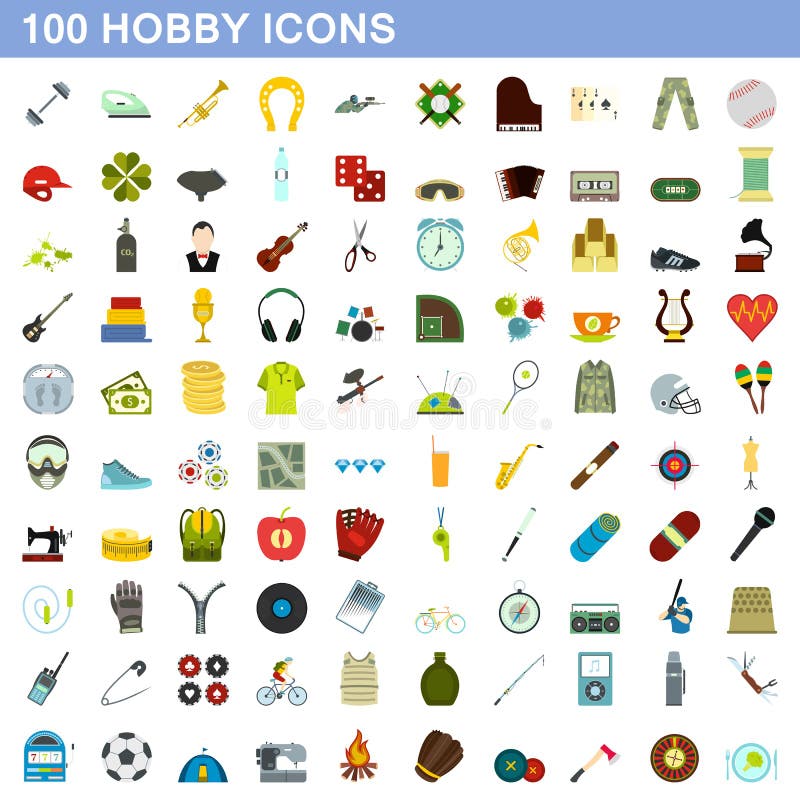 100 geplaatste hobbypictogrammen, vlakke stijl stock illustratie 100 geplaatste hobbypictogrammen, vlakke stijl stock illustratie