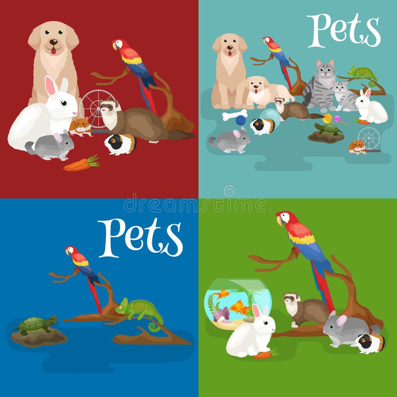 Geplaatste huishuisdieren, de hamster van de de papegaaigoudvis van de kattenhond, geacclimatiseerde dieren stock illustratie Geplaatste huishuisdieren, de hamster van de de papegaaigoudvis van de kattenhond, geacclimatiseerde dieren stock illustratie