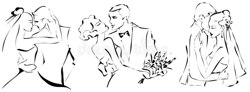 Geplaatste huwelijksparen, gelukkige bruid en bruidegom, zwart-wit silhouet, royalty-vrije illustratie Geplaatste huwelijksparen, gelukkige bruid en bruidegom, zwart-wit silhouet, royalty-vrije illustratie