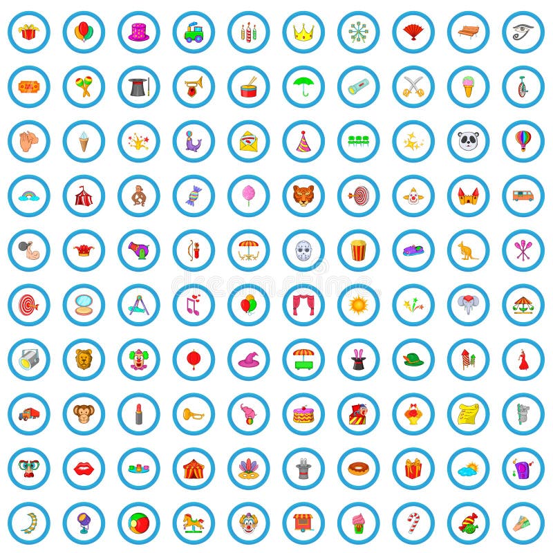 100 geplaatste kermispictogrammen, beeldverhaalstijl royalty-vrije illustratie 100 geplaatste kermispictogrammen, beeldverhaalstijl royalty-vrije illustratie