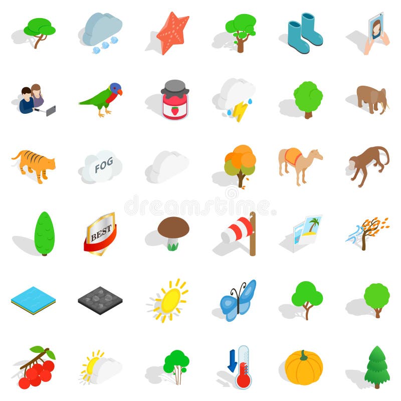 Geplaatste landschapspictogrammen, isometrische stijl stock illustratie Geplaatste landschapspictogrammen, isometrische stijl stock illustratie