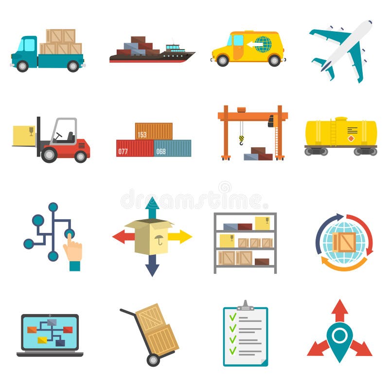 Geplaatste logistiek vlakke pictogrammen vector illustratie Geplaatste logistiek vlakke pictogrammen vector illustratie