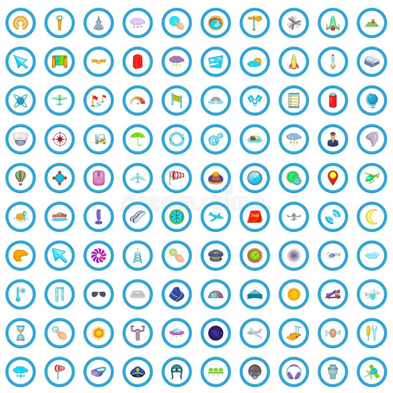 100 geplaatste luchtvaartpictogrammen, beeldverhaalstijl stock illustratie 100 geplaatste luchtvaartpictogrammen, beeldverhaalstijl stock illustratie