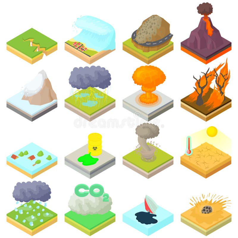 Geplaatste natuurrampenpictogrammen, isometrische 3d stijl stock illustratie Geplaatste natuurrampenpictogrammen, isometrische 3d stijl stock illustratie