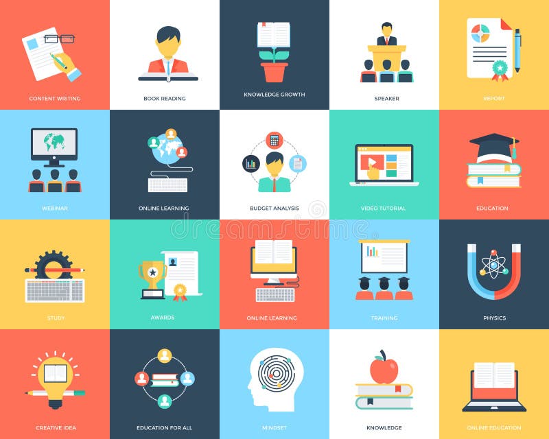 Geplaatste onderwijs vlakke pictogrammen royalty-vrije illustratie Geplaatste onderwijs vlakke pictogrammen royalty-vrije illustratie