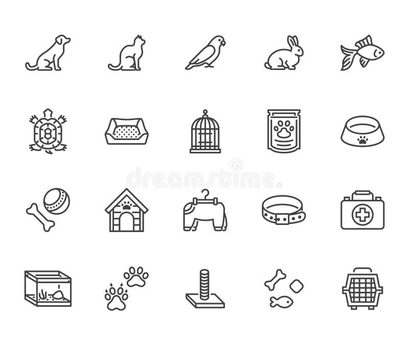 Geplaatste pictogrammen van de dierenwinkel de vlakke lijn De honddrager, kat scratcher, vogelkooi, konijn, vissenaquarium, huisd royalty-vrije illustratie Geplaatste pictogrammen van de dierenwinkel de vlakke lijn De honddrager, kat scratcher, vogelkooi, konijn, vissenaquarium, huisd royalty-vrije illustratie