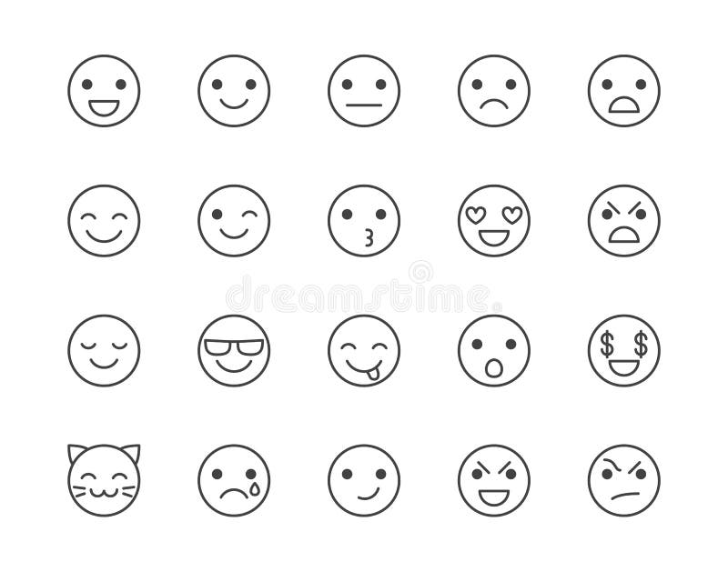 Geplaatste pictogrammen van de emoties de vlakke lijn Het gelukkige droevige gezicht, irriteert, glimlacht, gelaatsuitdrukking em