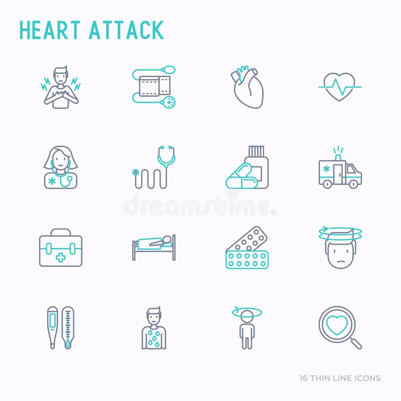 Geplaatste pictogrammen van de hartaanval de dunne lijn