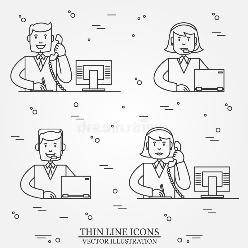 Geplaatste pictogrammen van de het overzichts dunne lijn van de call centre de vraag- en antwoord dienst royalty-vrije illustratie Geplaatste pictogrammen van de het overzichts dunne lijn van de call centre de vraag- en antwoord dienst royalty-vrije illustratie